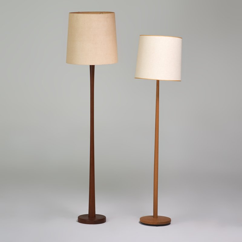 SWEDISH: Two floor lamps, 1960s; Kovacs label, metal "Made in Sweden" label to one; Oak, teak; 47" x 14" dia.