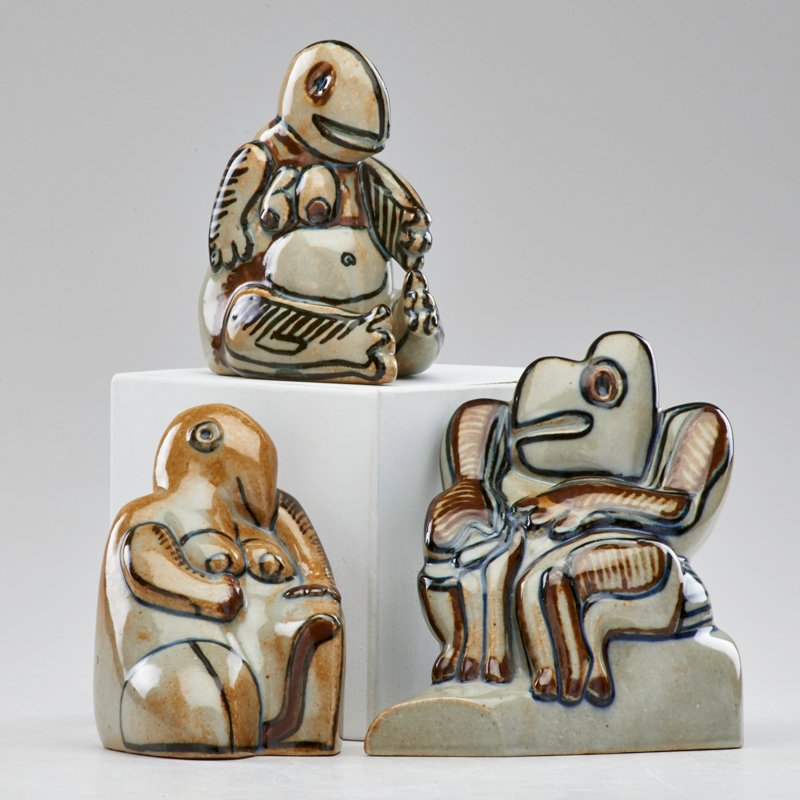 HANS SYBORG; EMIL PETERSEN; BING & GRONDAHL: Three cubist figurines, Denmark, 1950s; Artist's cipher and circular faiance stamp; Tallest: 5 3/4" x 5 1/2" x 4 1/4"