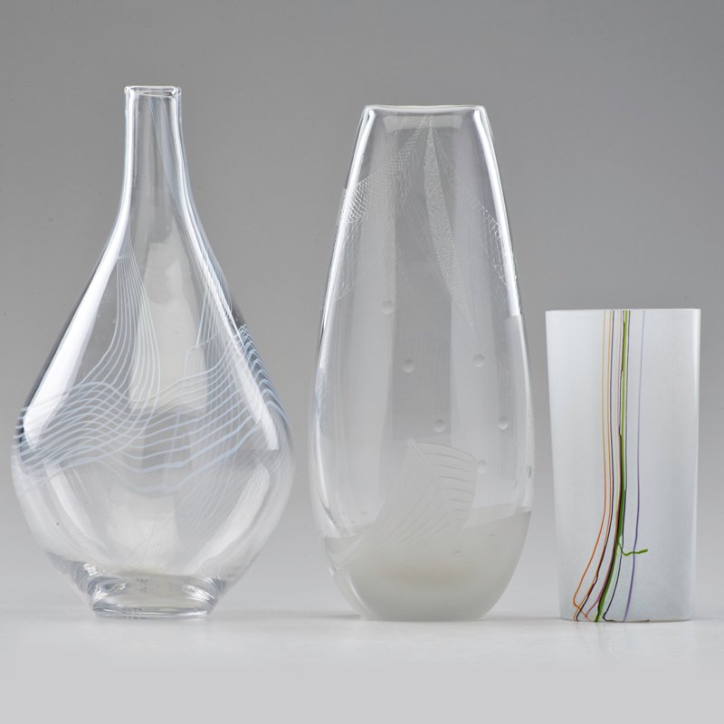 VICKE LINDSTRAND; BERTIL VALLIEN; KOSTA BODA: Three vases: Lindstrand, Vallien, and similar, Sweden, ca 1960; All marked; Tallest: 12 1/2" x 5"