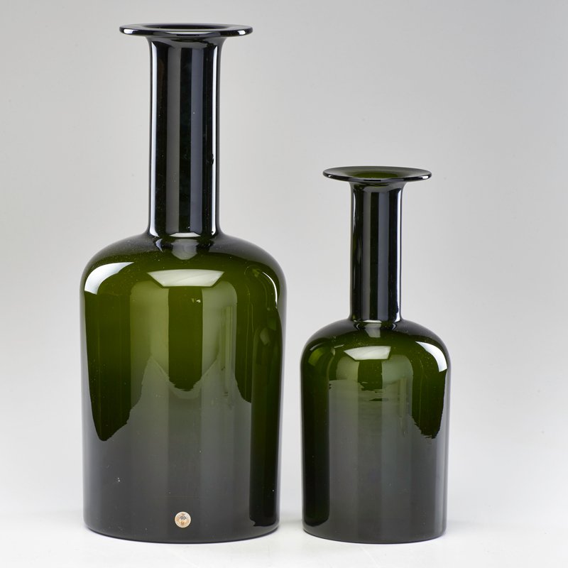 OTTO BRAUER; HOLMEGAARD KASTRUP: Two graduated Gulvvase vases, Denmark, 1962-71; Glass; Both with paper label; Taller: 20 1/4"x 8"