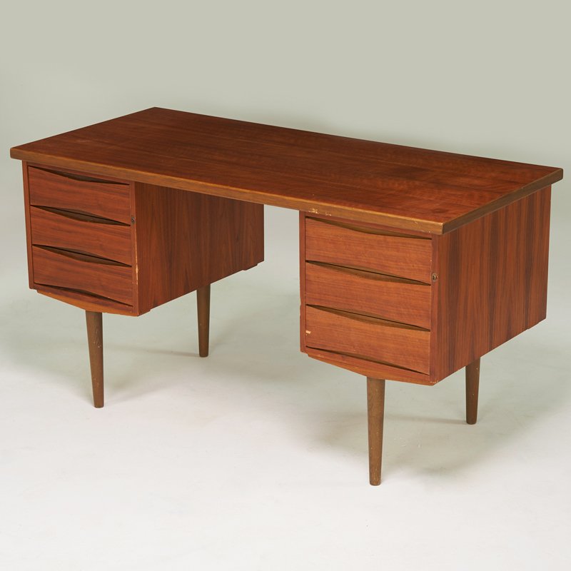 DANISH: Double pedestal desk, 1960s; Beech, teak; Unmarked; 28 1/2" x 52 1/2" x 24"