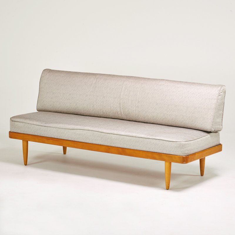 JOHN STUART: Daybed, Denmark, 1950s; Beech, upholstery; Unmarked; 33" x 76" x 28"