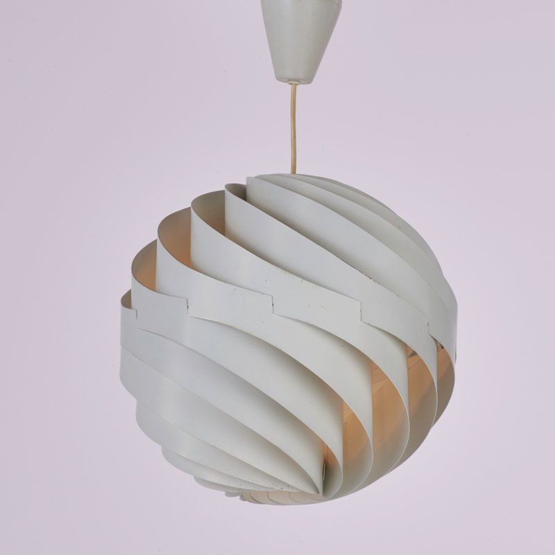 LOUIS WEISDORF; LYFA: "Turbo" pendant lamp, Denmark, 1960s; Painted aluminum, plastic canopy; Stamped with foil label; To canopy: 25" x 14" dia.