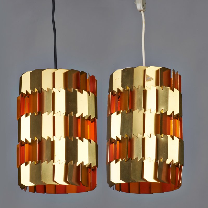 LOUIS WEISDORF; LYFA: Pair of pendant lamps, Sweden, 1960s; Anodized and enameled aluminum, single sockets; Manufacturer label to one; 11" x 8" dia.