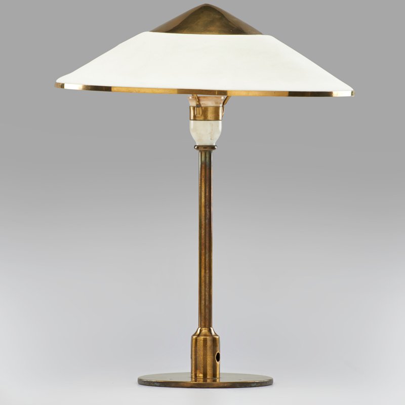 FOG AND MORUP: Table lamp, Denmark, 1960s; Brass, vinyl; Unmarked; 17" x 13"
