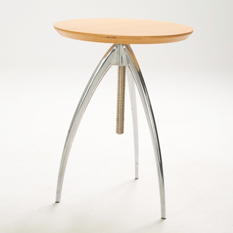 PHILLIPPE STARCK; DRIADE: "Aleph" adjustable side table, Italy, ca. 1990s; Polished aluminum, chromed steel, laminated wood; Impressed marks; As shown: 20" x 16