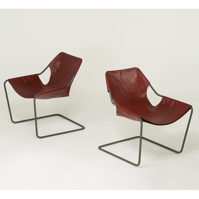 PAULO MENDES da ROCHA: Pair of "Paulistano" lounge chairs, 2000s; Tubular steel, stitched leather, 32 1/2" x 29" x 28"