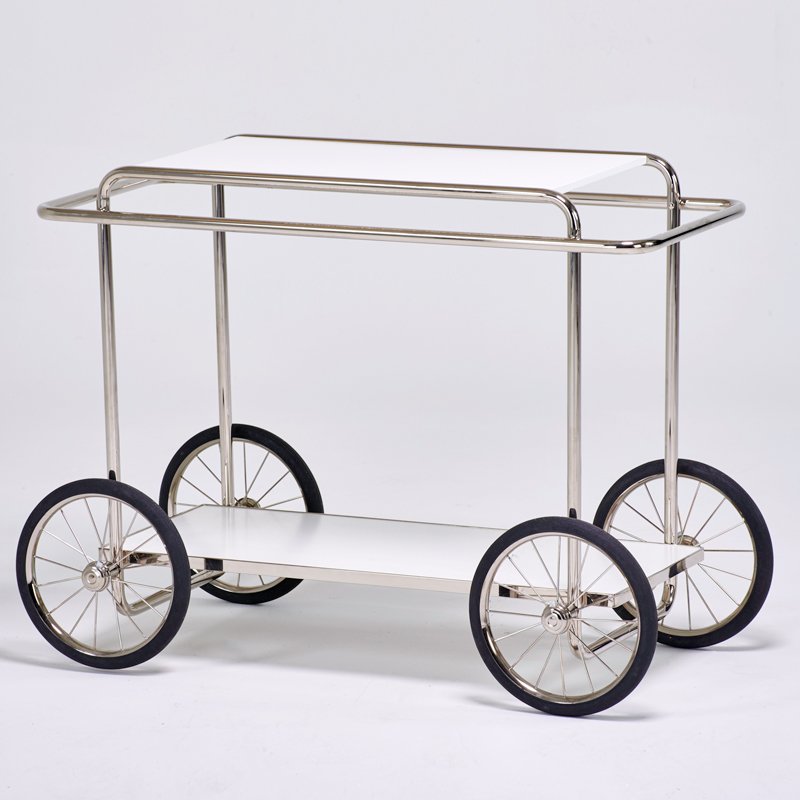 STYLE OF MARCEL BREUER/TECTA: “M4R” Konsolwagen/Cart, Germany, 2000s; Chromed steel, laminate, rubber wheels; Made in Europe label; 30" x 39" x 20"