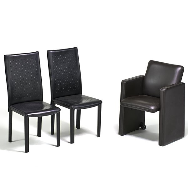 ARPER; POLTRONA FRAU: Three leather chairs: pair Arper side- and Poltrona Frau arm-, Italy, 1970s and 1980s; Stitched leather; Manufacturer markings; Arper: 40" x 18" x 21"