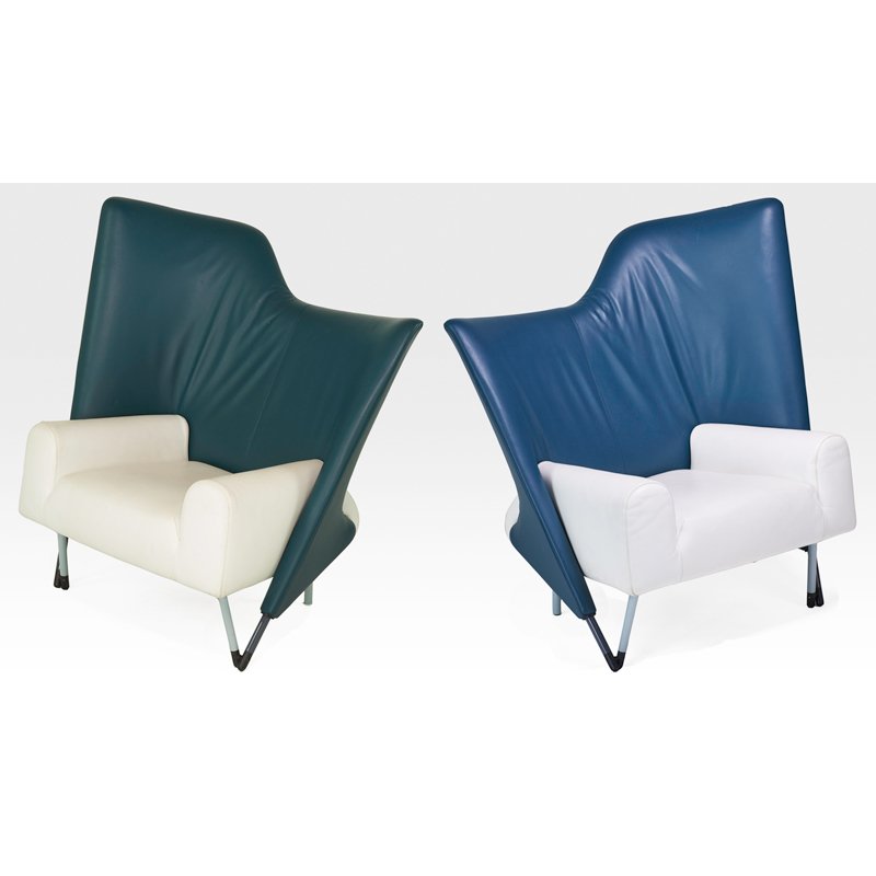 PAULO DEGANELLO; CASSINA: Pair of "Torso" armchairs, Italy, 1982; Enameled steel, leather, plastic; Unmarked; 46" x 44" x 36"