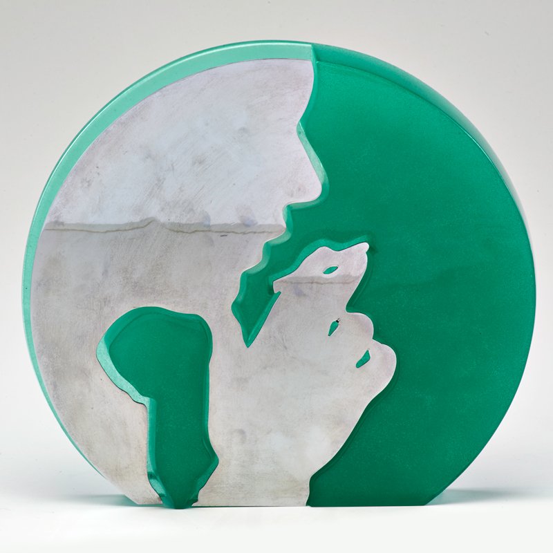 LOURDES CASTRO; DAUM: "Ombre verte" table top sculpture, France, 1974; Crystal, chromed metal; Signed: "Lourdes Castro," marked "Daum France", numbered "16/ 150"; 11 3/4" x 13" x 2