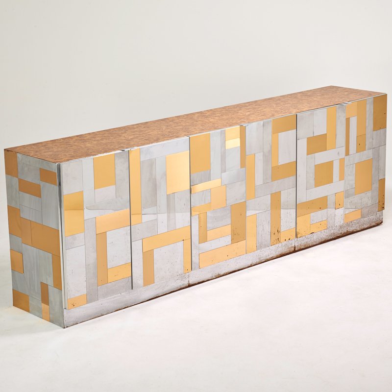 STYLE OF PAUL EVANS: Large cabinet, USA, 1970s; Matte and bright chromed steel, brass, burl wood, laminate interior; Unmarked; 36" x 108" x 19"