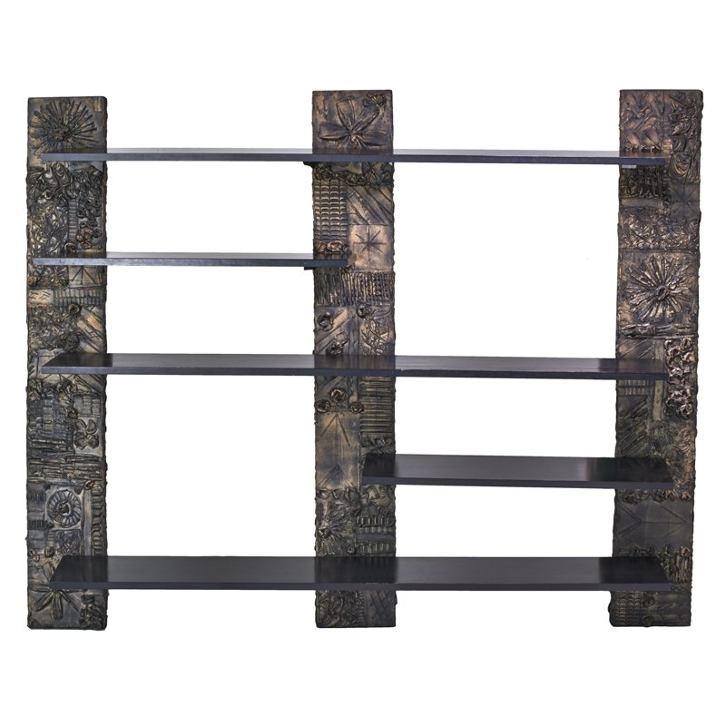 STYLE OF PAUL EVANS: Wall-hanging shelf unit; Patinated composite, brushed aluminum, enameled wood; Unmarked; 80" x 100" x 17 1/2"