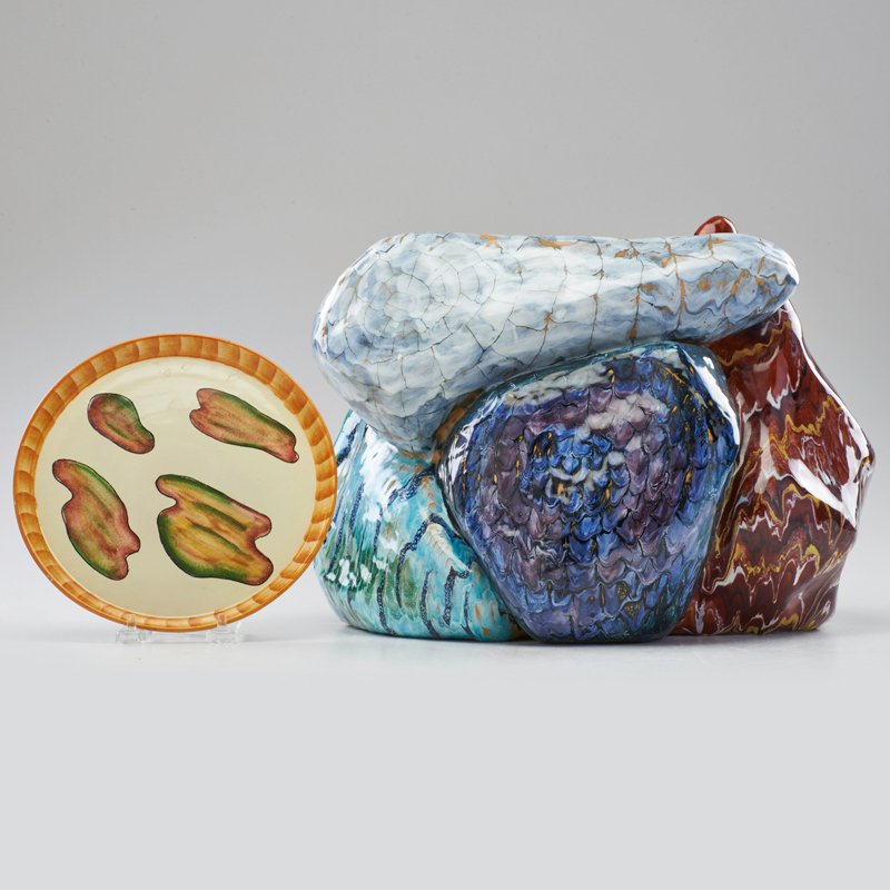 O. ROSA; SAN POLO; ETC: Rito Indiano sculptural vessel and Umbertide plate, Italy, 1960s; Both marked; Vessel: 10 1/2" x 13"