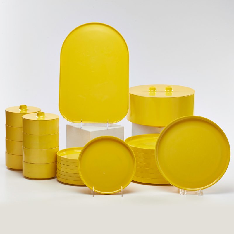 MASSIMO VIGNELLI; HELLER: Max 1" stacking dinnerware set: dinner plate (8), bowls (8), salad plate (8), serving tray (1) and covered casserole (1), Italy, 1970s; Melamine resin; All marked; Casserole: 6" x 9 3/4