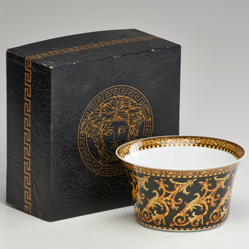 VERSACE; ROSENTHAL STUDIO LINE: "Barocco" bowl in original packaging, Germany, 2000s; Porcelain; Marked; 3 3/4" x 6 3/4" dia.