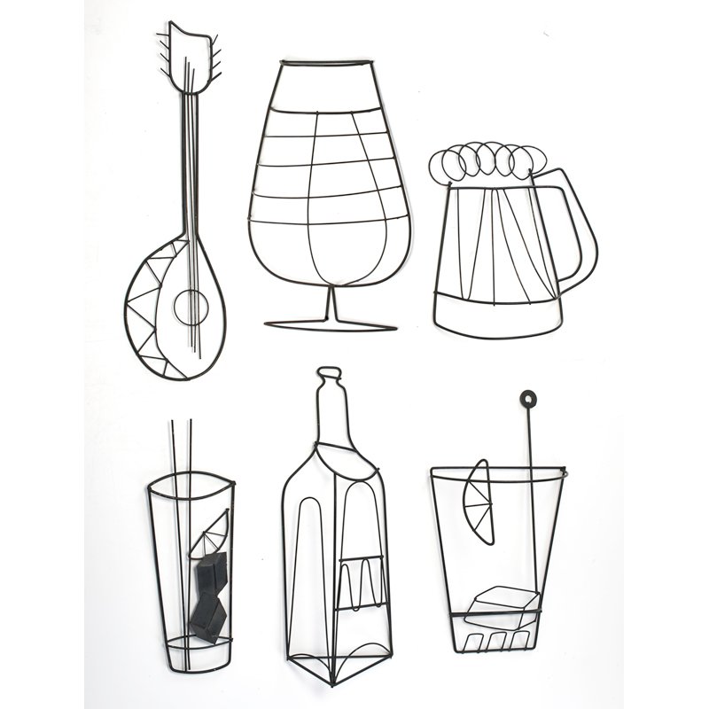 FREDERICK WEINBERG: Six enameled wire wall-hanging sculptures: bottle, mandolin, goblet, beer mug, and two cocktails, USA, ca. 1950s; Unmarked; Goblet: 12 1/4" x 8" x 3 1/2"