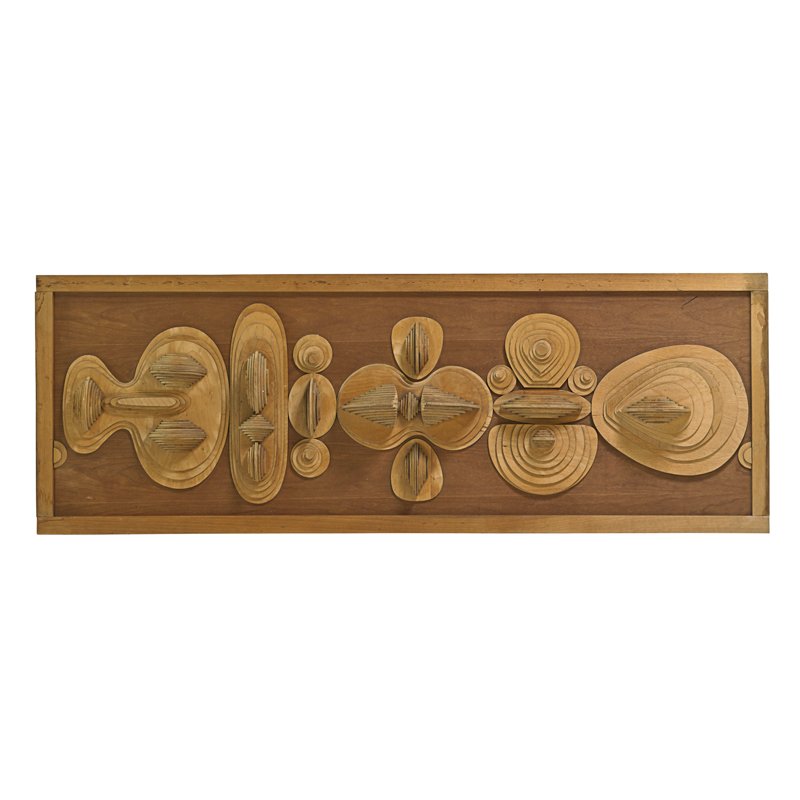 JOHN RISLEY: Two birch plywood wall-hanging sculptures, one titled "The King's Maze," Middletown, CT, 1960s; Smaller signed and titled; Larger: 22" x 62" x 6 1/2", smaller: 18 1/2" x 35 3/4" x 4"