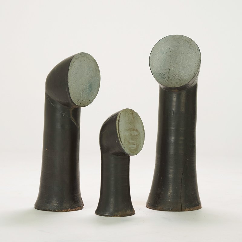 MARY RISLEY (1926-2000): Three glazed earthenware sculptures, Middletown, CT, 1960s; Unmarked; Tallest: 35" x 11 1/2" dia.; Provenance: from the artist's family