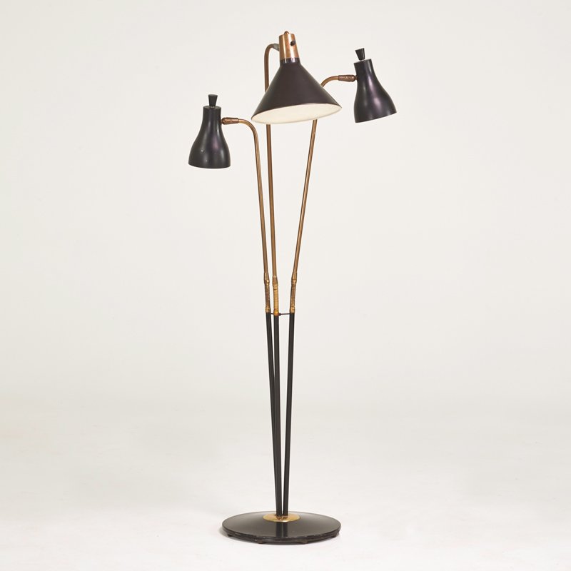 GERALD THURSTON; LIGHTOLIER: Adjustable three-armed floor lamp, USA, 1950s; Enameled metal, brass; Unmarked; As shown: 60" x 29" x 25"
