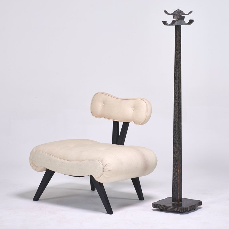 HOLLYWOOD REGENCY: Grosfeld House (Attr.) lounge chair and James Mont (Attr.) floor lamp base, USA, ca. 1940s; Painted wood, upholstery; Unmarked; Chair: 30" x 33" x 26", floor lamp: 56" x 11 1/2" sq.