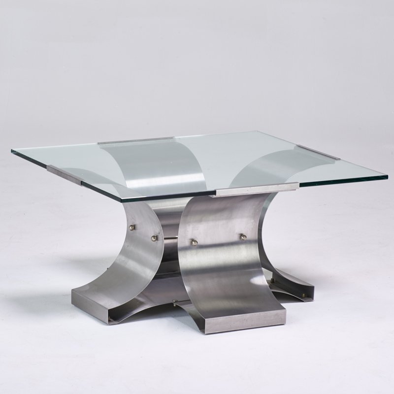 FRANCOIS MONNET: Coffee table, France, 1970s; Stainless steel, glass; Unmarked; 16 1/2" x 31 1/2" sq.