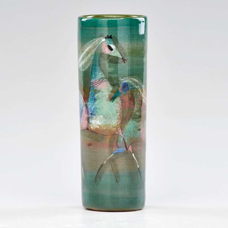 POLIA PILLIN (1909-1992): Cylindrical vase decorated with horses, Los Angeles, late 20th c.; Signed; 7 1/4" x 2 3/4" dia.
