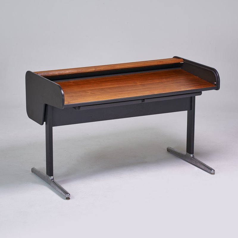 GEORGE NELSON; HERMAN MILLER: Tambour desk, Zeeland, MI, 1960s; Enameled steel, polished aluminum, walnut, melamine; Unmarked; 35" x 54" x 30"
