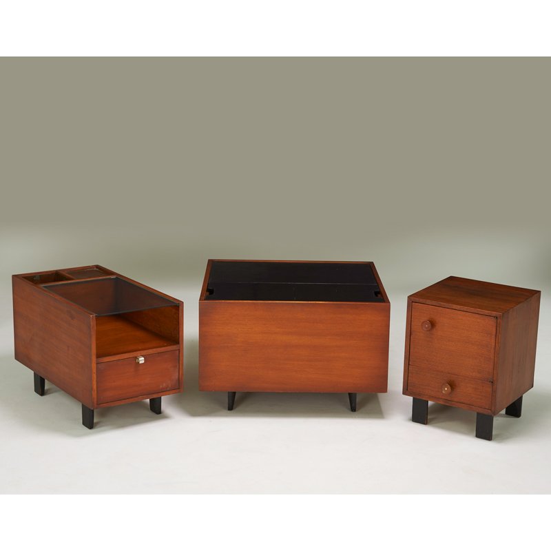 GEORGE NELSON; HERMAN MILLER: Nightstand, sofa table and record cabinet, Zeeland, MI, 1950s; Walnut, zinc-plated metal, painted wood, glass, copper; Unmarked; Nightstand: 24" x 18" x 18 1/2", sofa table: 22 1/2" x 18" x 24", recor