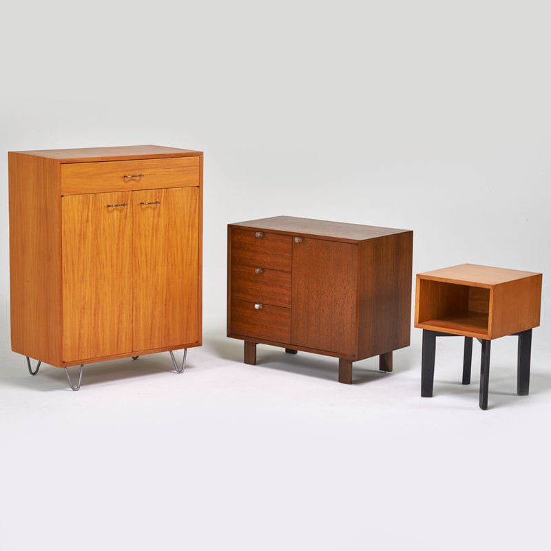 GEORGE NELSON; HERMAN MILLER: Cabinet, dresser, and side table, Zeeland, MI, 1950s; Primavera, walnut, enameled wood, zinc-plated metal; Unmarked; Cabinet: 45 1/2" x 34" x 18 1/2", dresser: 30" x 34" x 15 1/2", side table: 24" x 1