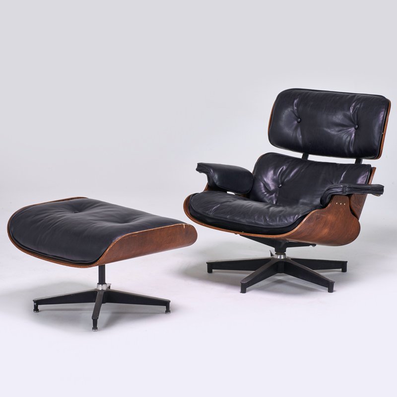 CHARLES AND RAY EAMES; HERMAN MILLER: Lounge chair and ottoman (no. 670 and 671), Zeeland, MI, 1950s; Rosewood, leather, enameled aluminum, enameled steel, rubber; Manufacturer's label; Chair: 31 1/2" x 32 1/2" x 35", ottoman: 17" x 26" x