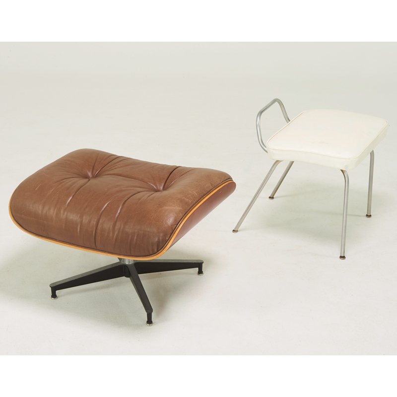 CHARLES AND RAY EAMES; HERMAN MILLER: Ottoman, Zeeland, MI, 1990s; Together with Herman Miller vanity stool; Aluminum, vinyl; Unmarked; Eames: 18" x 26" x 20", Herman Miller: 20" x 20" x 18"