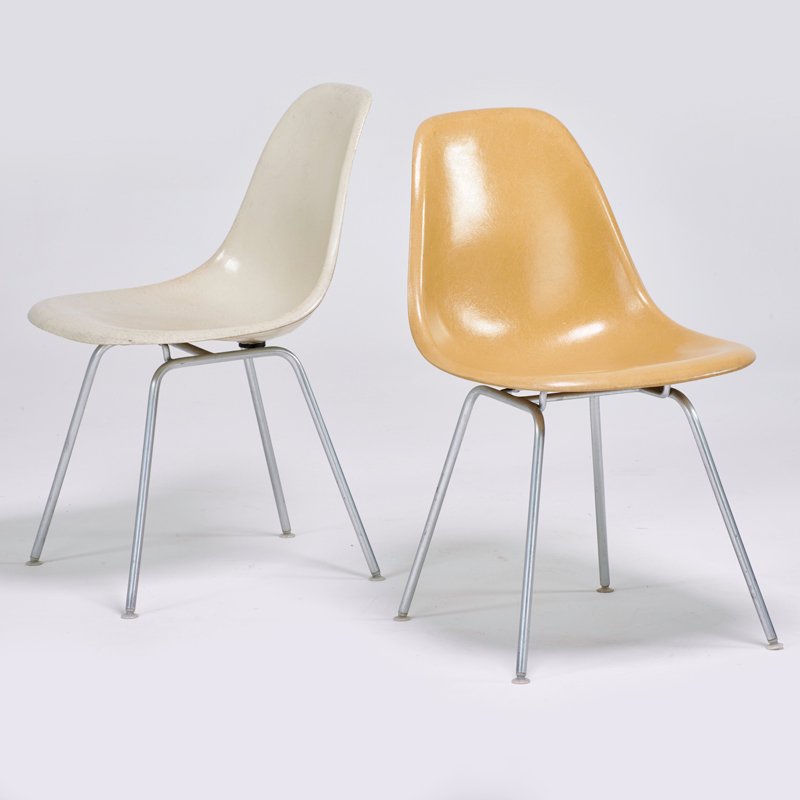 CHARLES AND RAY EAMES; HERMAN MILLER: Two side chairs, Zeeland, MI, 1950s; Plastic-reinforced fiberglass, zinc-plated metal; Unmarked; 31" x 18" x 22"