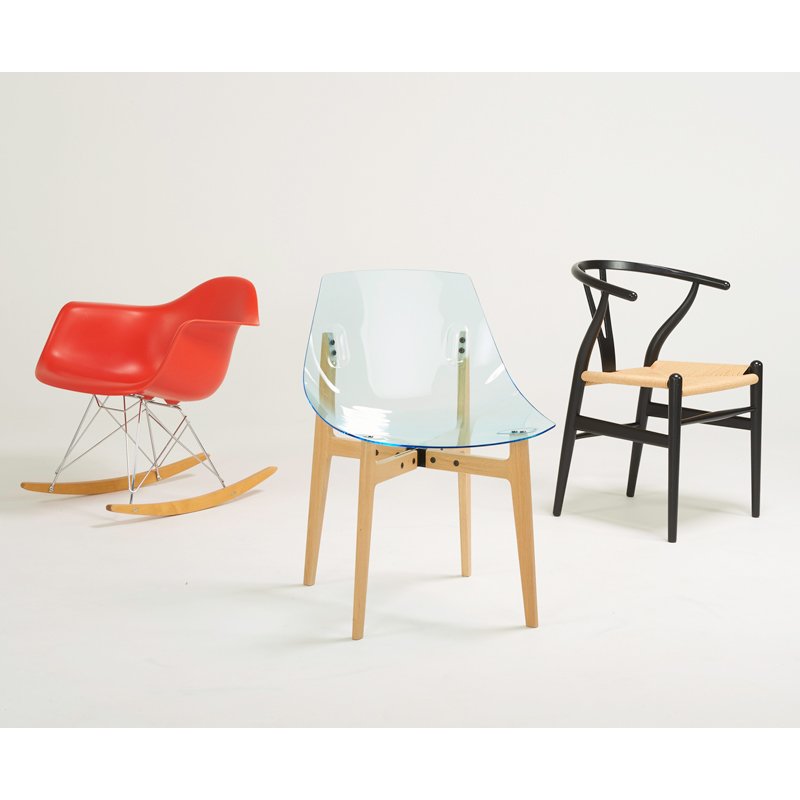 CHARLES AND RAY EAMES; HANS WEGNER, ETC.: Three designer chairs, USA/Denmark, 2000s; Plastic, chrome-plated metal, maple, oak, paper cord, clear acyrlic; Eames and Wegner marked; Eames: 27" x 24 1/2" x 27"
