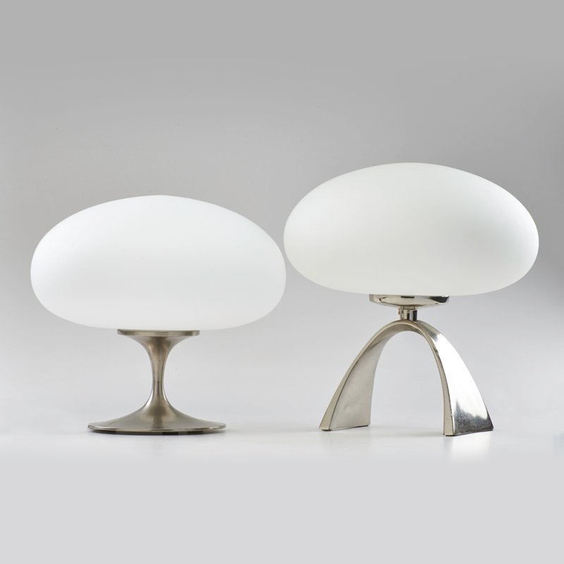 BILL CURRY; LAUREL LAMP CO.: Two mushroom table lamps, Newark, 1960s; Brushed and chromed steel, frosted glass; One with manufacturer's label; Taller: 13 1/2" x 12" dia.