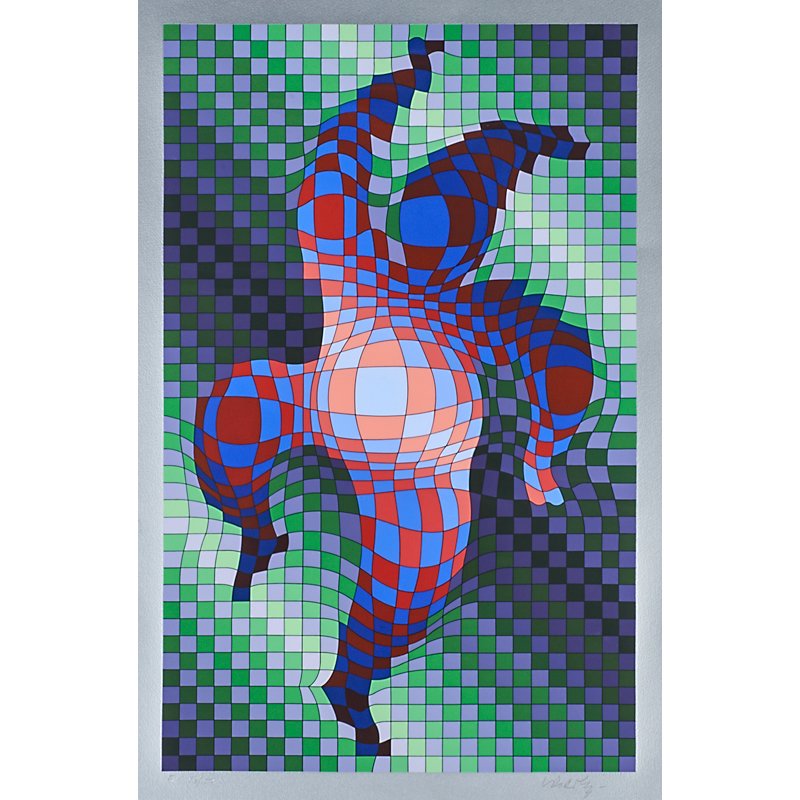 VICTOR VASARELY (Hungarian, 1906-1997): Screenprint in colors on silver paper; "Arlequin" (framed); Signed and numbered F.V. 83/100; 30 1/2" x 19 5/8" (sheet)