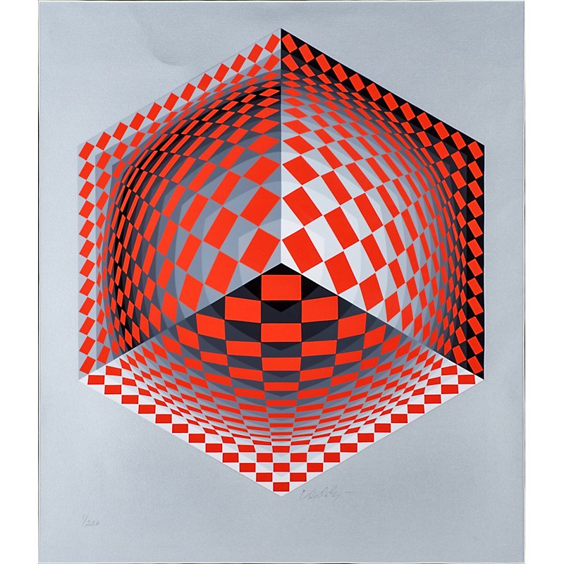 VICTOR VASARELY (Hungarian, 1906-1997): Screenprint in colors on silver paper; Signed and numbered 1/250; 27 1/4" x 23 1/2" (sight)