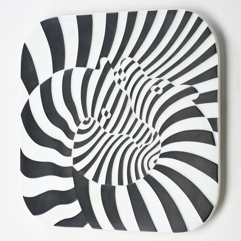 VICTOR VASARELY; ROSENTHAL: Zebra plate, Germany, 1977; Glazed porcelain; Marked Rosenthal Studio Line and numbered 352/3000; 14" x 12 1/2" x 1"
