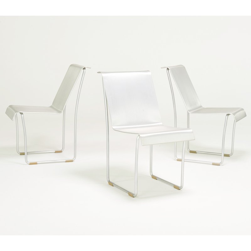 FRANK GEHRY; EMECO: Set of three first edition "Superlight" chairs from a series of 500, Hanover, PA, 2004; Brushed and enameled aluminum; Tagged and numbered; 32" x 16 1/2" x 26"