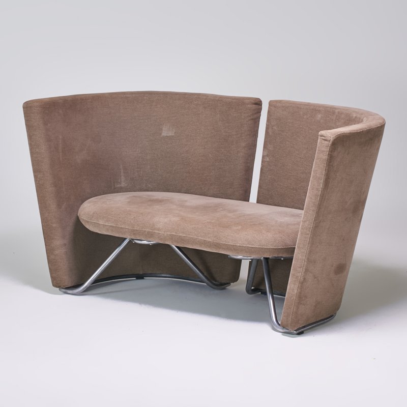 JOHANNES FOERSOM; PETER HJORTH-LORENTZEN: "Rotor" sofa, USA, 1980s; Chromed steel, upholstery; Unmarked; 32" x 60" x 31