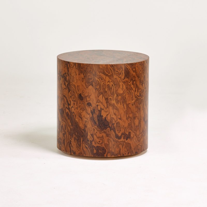 STYLE OF MILO BAUGHMAN: Side table, USA, 1970s; Veneered wood; Unmarked; 21" x 20" dia.