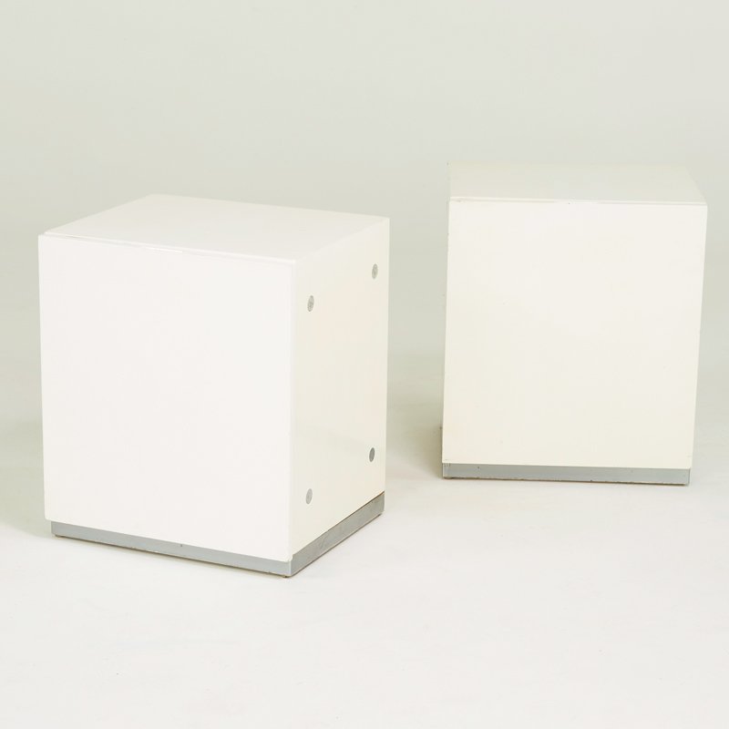MILO BAUGHMAN, THAYER COGGIN: Pair of sidetables/nightstands, High Point, NC, ca. 1970s; Lacquered wood, chromed steel, oak drawers; Foil labels; 24 1/2" x 21" x 18"