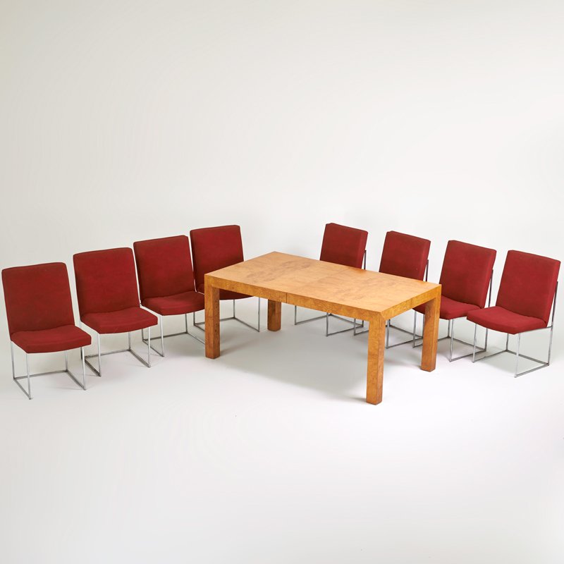 MILO BAUGHMAN; THAYER COGGIN: Dining set: extension dining table and eight chairs, High Point, NC, 1970s; Burl wood, chromed steel, microfiber; Manufacturer's labels; Table: 29" x 66" x 39", two leaves: 22", chairs each: 36 1/2" x
