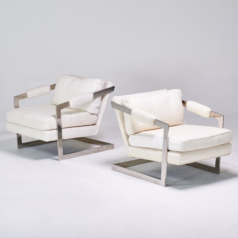 STYLE OF MILO BAUGHMAN; BERNHARDT FURNITURE CO.: Pair of cantilevered lounge chairs, USA, 1970s; Chromed steel, upholstery; Retailer labels; 28" x 28 1/2" x 36"