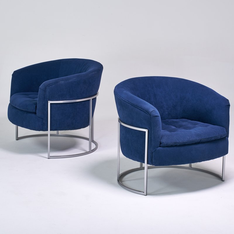 STYLE OF MILO BAUGHMAN: Pair lounge chairs, USA, 1970s; Chromed steel, upholstery; Unmarked; 29" x 32" x 32"