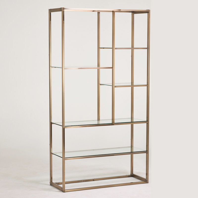 STYLE OF MILO BAUGHMAN: Patinated metal and glass etagere, USA, 1970s; Unmarked; 78 1/2" x 42" x 16"