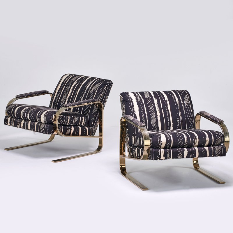STYLE OF MILO BAUGHMAN: Pair of lounge chairs, USA, 1970s; Brass plated metal, upholstery; Unmarked; 27 1/2" x 30" x 34"