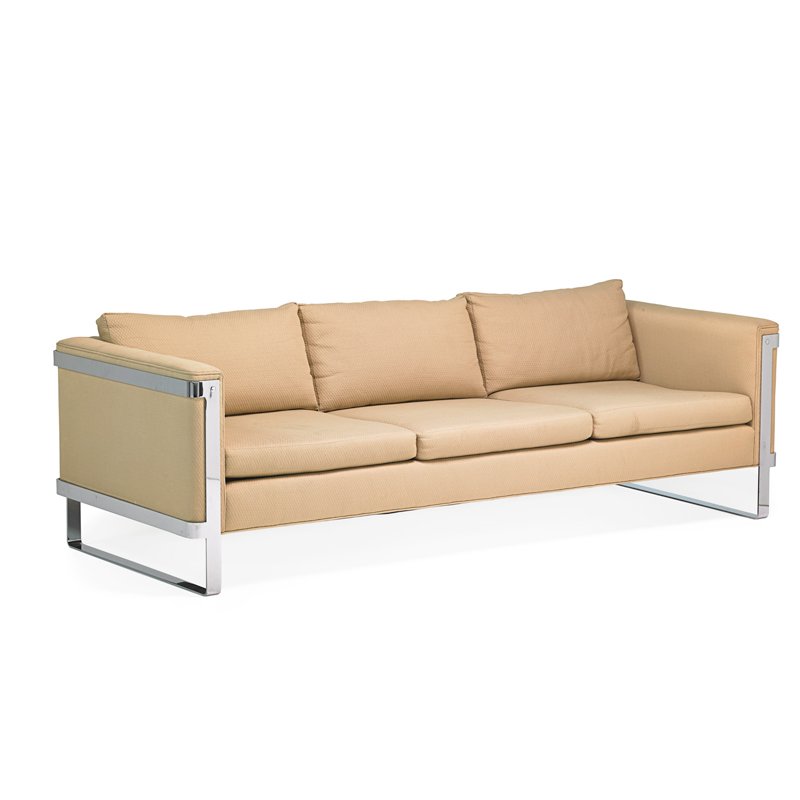 SELIG: Sofa, USA, 1970s; Chromed steel, upholstery; Unmarked; 28" x 86" x 33"
