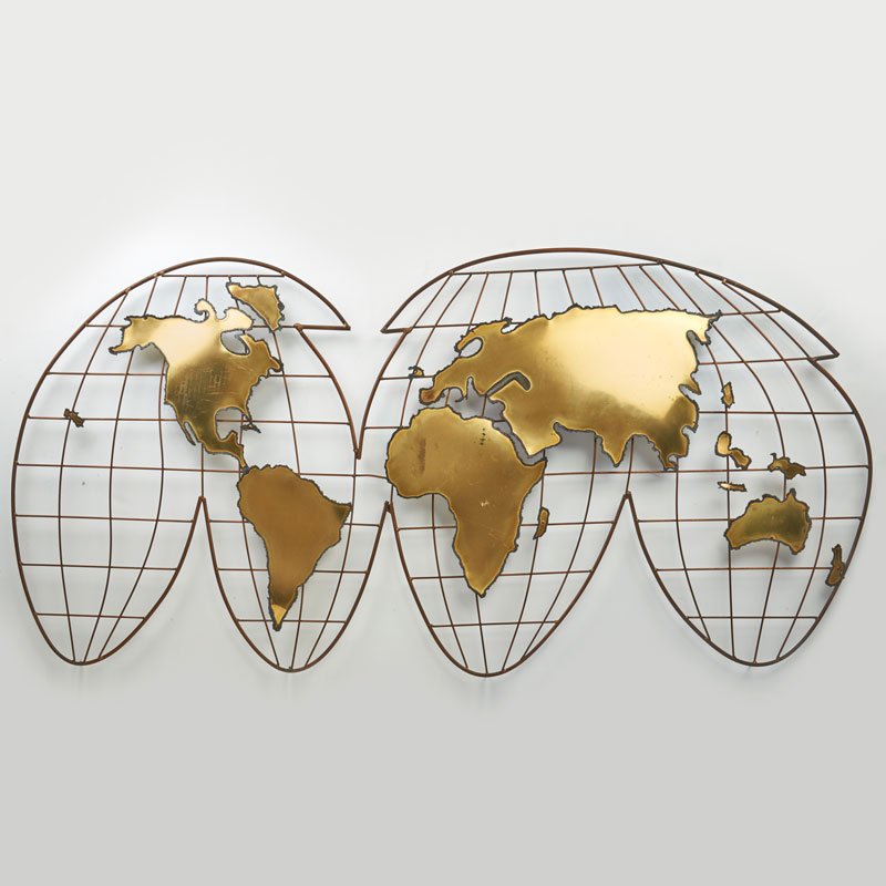 C. JERE: Wall hanging globe sculpture, Los Angeles, 1980s; Mixed metals; Unmarked; 26" x 57" x 2"