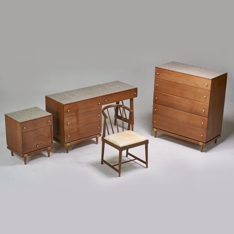 MENGEL: Bedroom suite: dresser, night stand, desk, and chair, USA, 1950s; Walnut, plastic, brass, and laminate; Branded; Dresser: 45" x 37 1/2" x 19", desk: 30" x 54" x 20"